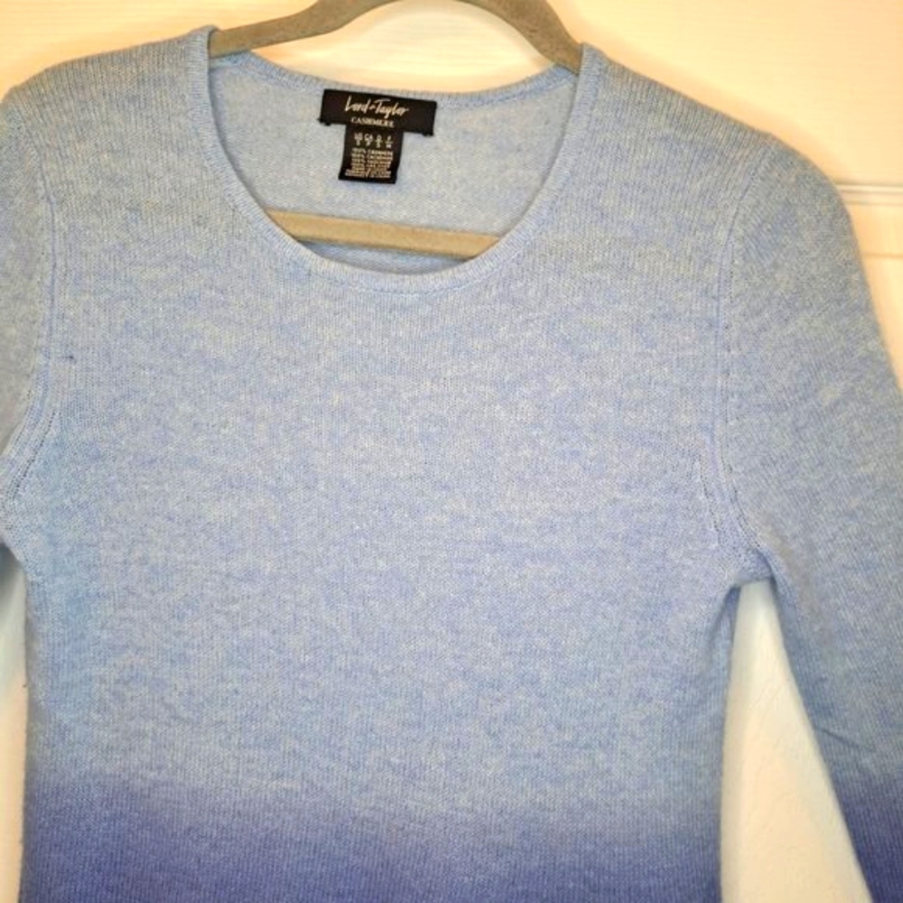Lord & Taylor 100% Cashmere Asymmetrical Blue Ombre Dip Dye Quiet Luxury Small - Picture 3 of 6
